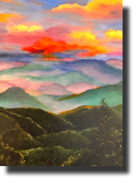 Jan Wilson Smith  Rocky Knob Sunset  Oil on Canvas Panel  18h  x 15w in, Framed  $350